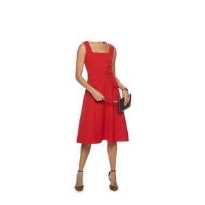 Spring Red Squareneck Midi Flare Dress- 10